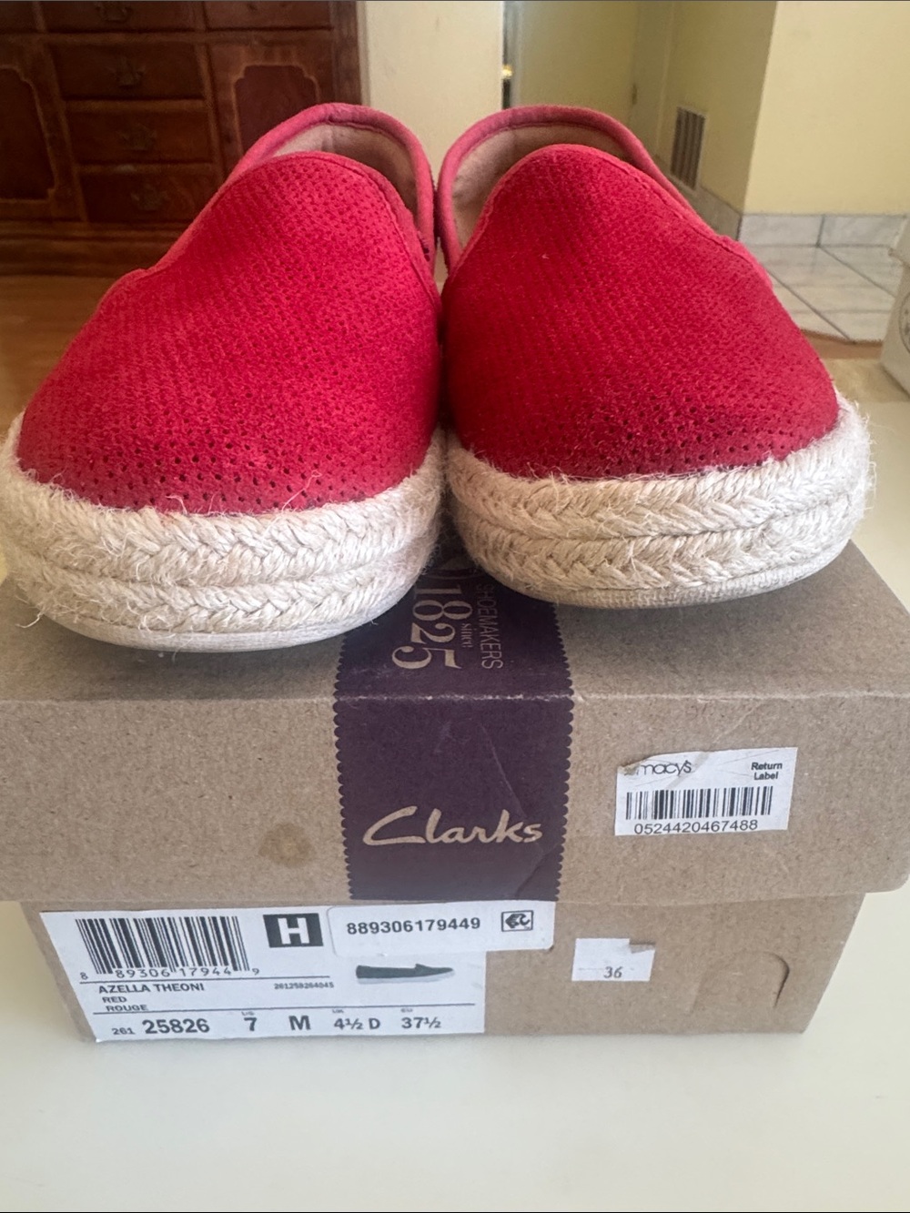 Clarks Women’s Red Canvas Espadrille Slip-Ons with Jute Sole